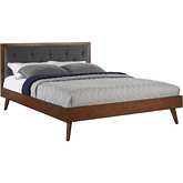 Reid Mid Century Platform Queen Bed in Walnut Finish & Gray Fabric