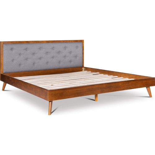 Reid Mid Century Platform King Bed in Walnut Finish & Gray Fabric