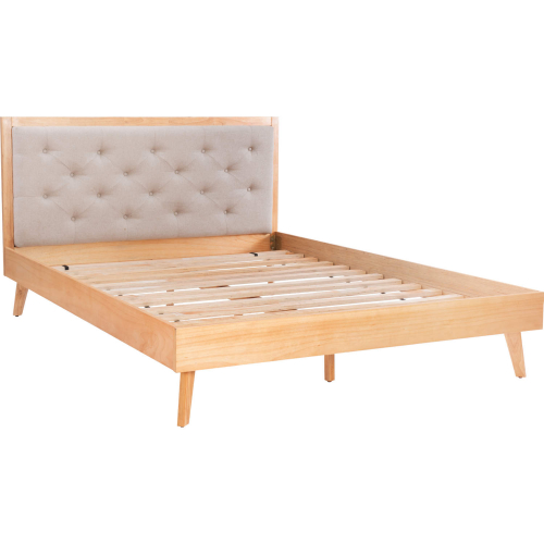 Reid Queen Bed in Natural Finish Wood & Tufted Oatmeal Fabric