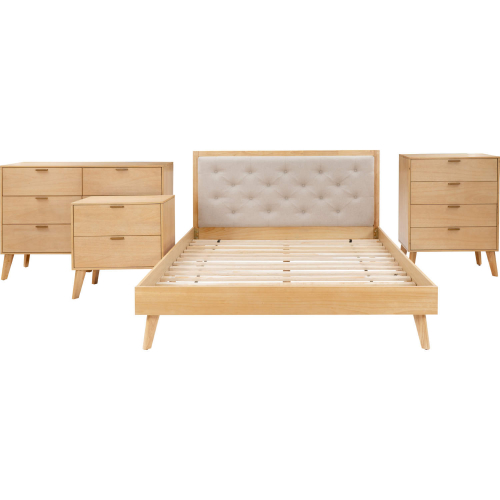 Reid Queen 4 Piece Set in Natural Finish Wood & Oatmeal Fabric