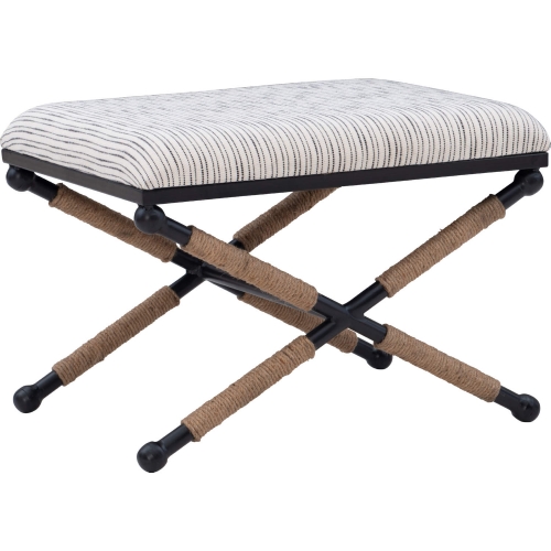 Ashburn Campaign Ottoman in Black & White Striped Fabric, Rope & Metal