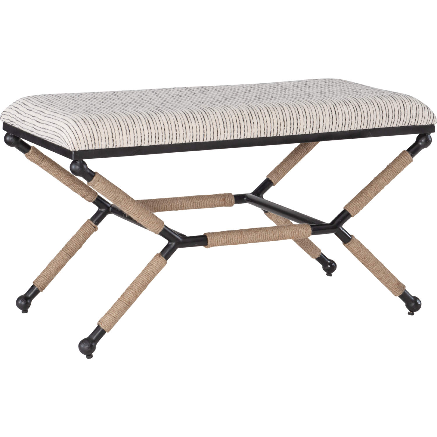 Linon BH202STRBEN01ASU Ashburn Campaign Bench in Black White Striped Fabric Rope Metal
