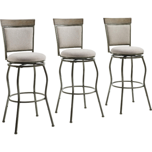 Erwen Adjustable Bar Stool in Pewter Metal, Grey Wood & Fabric (Set of 3)