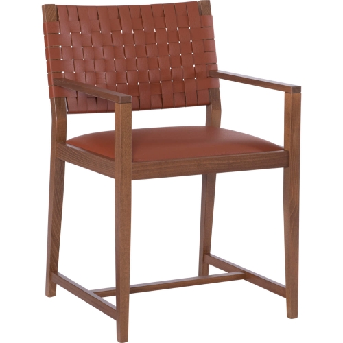 Ruskin Dining Arm Chair in Brown Leather & Walnut Finish Wood