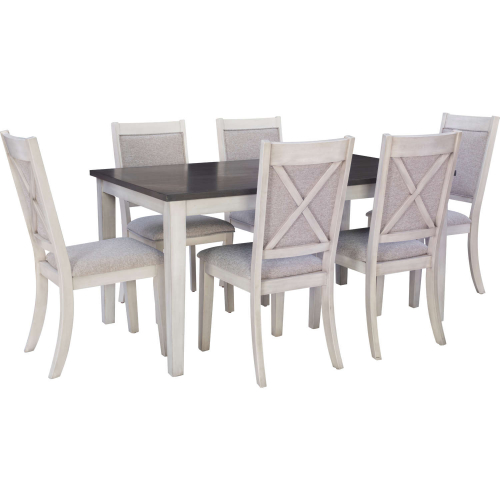 Marcum 7 Piece Dining Set in Dark Grey, White Wood & Beige Fabric