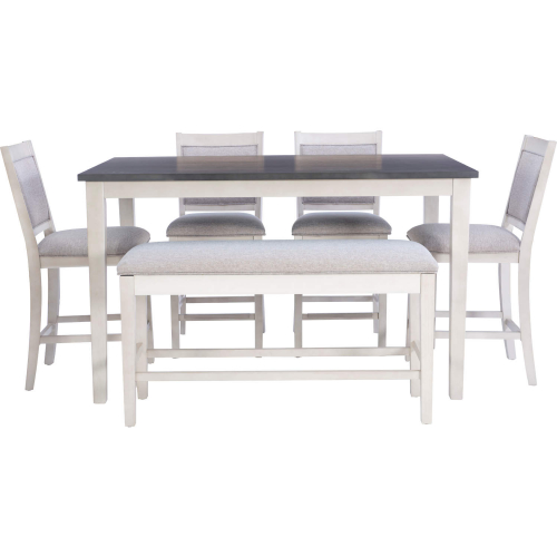 Marcum 6 Piece Counter Dining Set in White & Charcoal Wood & Grey Fabric