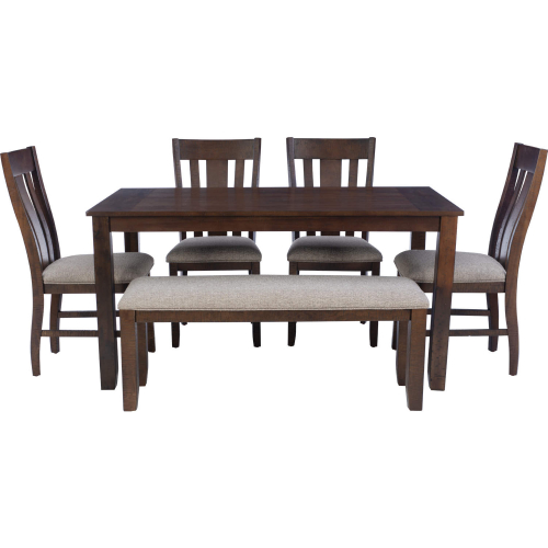 Lepine 6 Piece Dining Set in Sawmark Wood & Beige Fabric