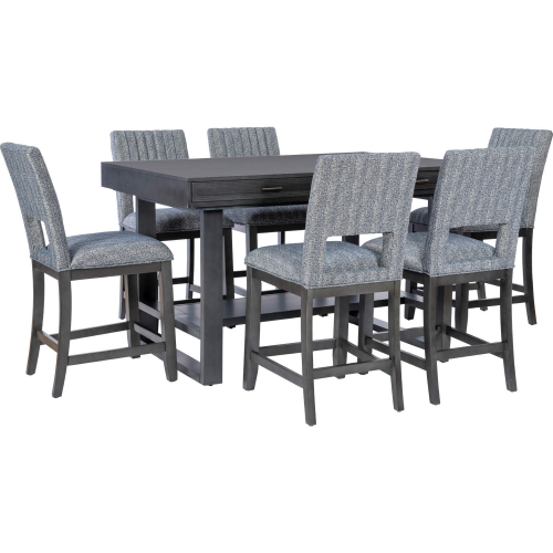 Jubilee 7 Piece Counter Dining Set in Gray Wood & Speckled Navy Fabric