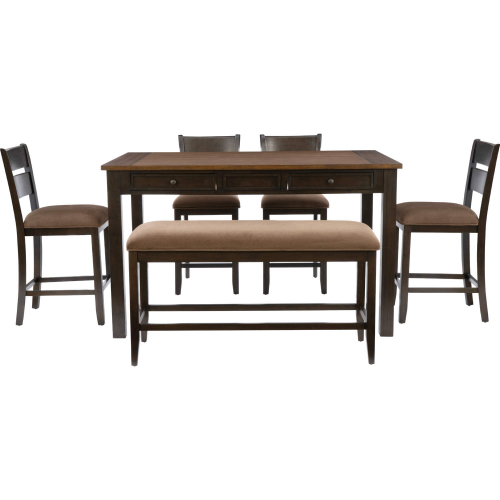 Meretta 6 Piece Counter Dining Set in Wood & Brown Fabric