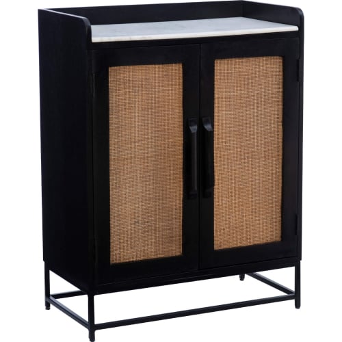 Janie Bar Cabinet in Black Lacquer, Rattan & White Marble