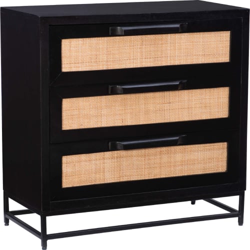 Janie 3 Drawer Cabinet in Black Lacquer & Rattan