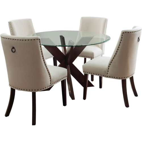 Adler 5 Piece Dining Set in Espresso Wood, Neutral Fabric & Glass