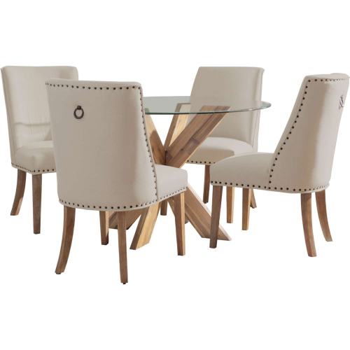 Adler 5 Piece Dining Set in Natural Wood, Neutral Fabric & Glass