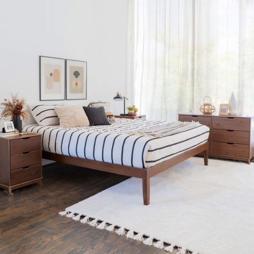 Polly 4 Piece King Bed, Dresser & 3 Drawer Nightstands Set in Walnut Brown