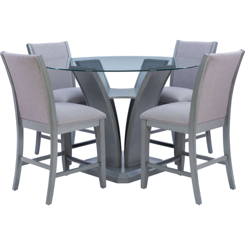 Abbot 5 Piece Dining Set in Grey Wood, Tempered Glass & Grey Fabric