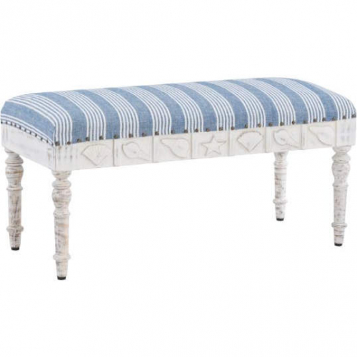 Shelly Bench in White Seashell Wood & Blue & White Fabric