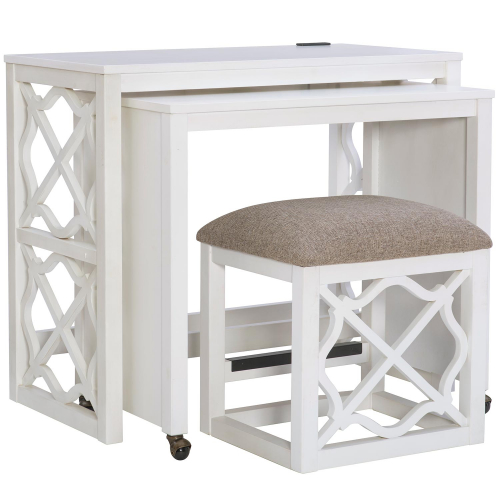 Farris Nesting Rolling Desk & Stool Set in White Wood & Beige Fabric