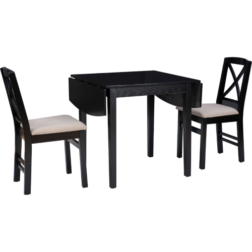 Torino 3 Piece Drop Leaf Dining Set in Black Wood & Beige Fabric