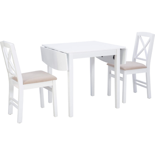 Torino 3 Piece Drop Leaf Dining Set in White Wood & Beige Fabric