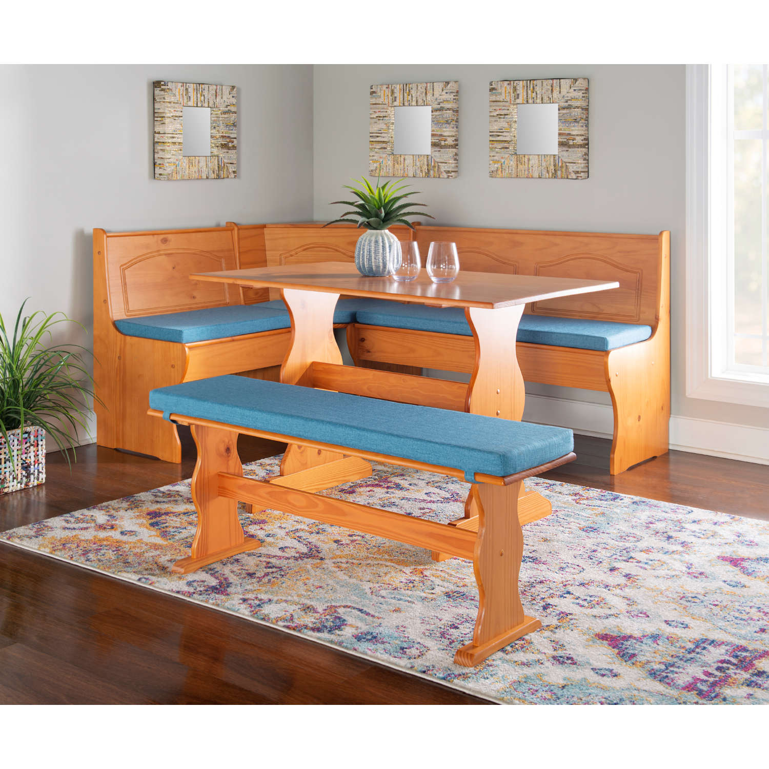 Linon K90375NATBLUSET Chelsea Dining Nook in Honey Wood Blue Fabric