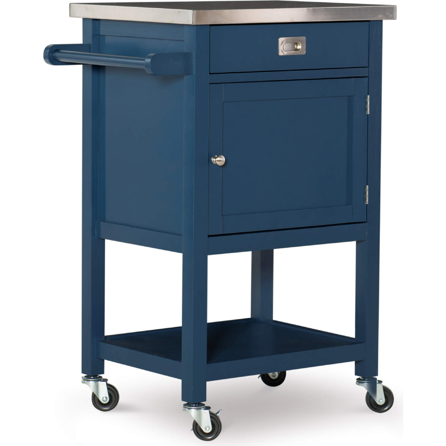 Linon KI096NVY01U Sydney Kitchen Cart In Navy Blue Wood Stainless Steel   KI096NVY01U Front 