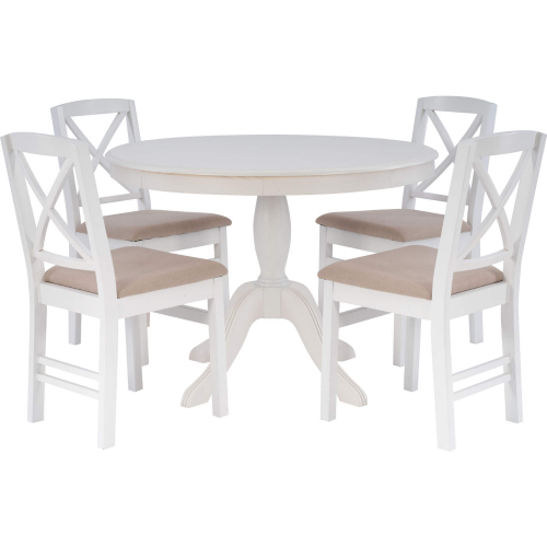 Tobin 5 Piece Dining Set in White Wood & Beige Fabric