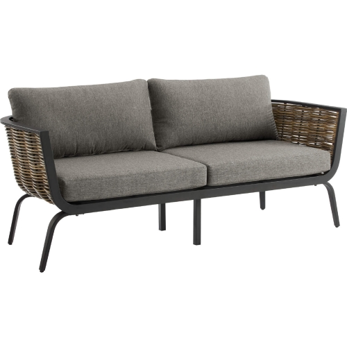 Burton Outdoor Loveseat in Black Metal, Wicker & Grey Fabric