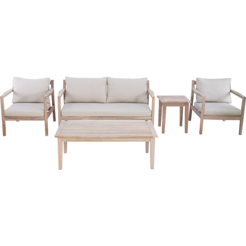 Teagon 5 Piece Outdoor Loveseat Set in White Wash & Beige Fabric