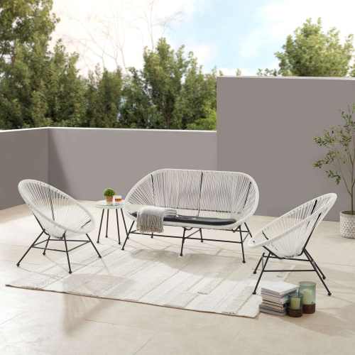 Millicent 4 Piece Outdoor Loveseat Set in Black Metal & White Rope