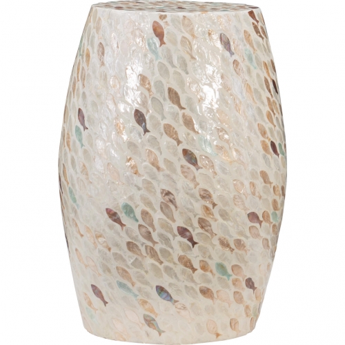 Pattison Drum End Table in Fish Pattern Ivory Tone Capiz Shell