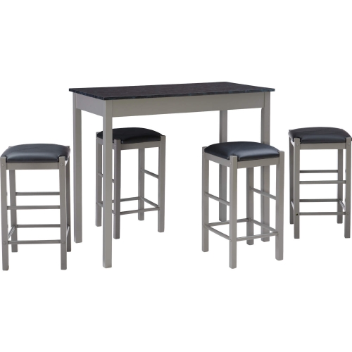 Lancer 5 Pc Counter Dining Set in Grey Faux Marble, Wood & Black Eco Leather