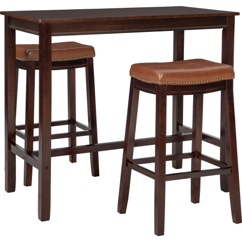 Claridge 3 Piece Bar Height Dining Set in Wood & Cognac Leatherette