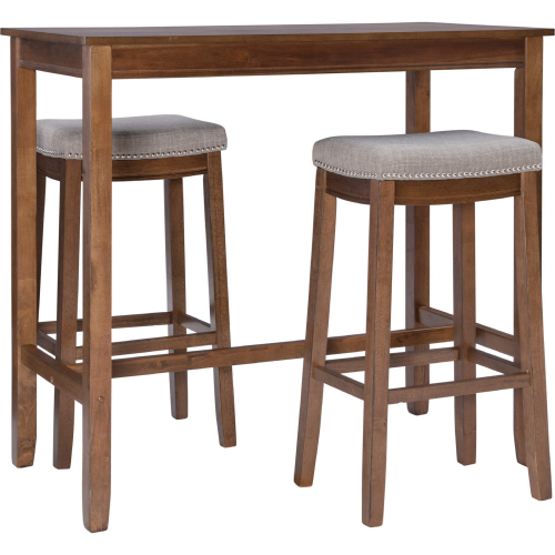 Claridge 3 Piece Bar Height Dining Set in Rustic Wood & Grey Fabric