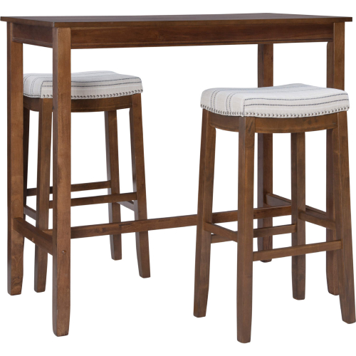 Claridge 3 Piece Bar Height Dining Set in Rustic Wood & Stripe Fabric