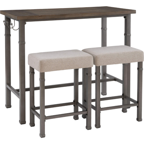 Austin 3 Piece Pub Dining Set in Wood, Pewter Metal & Grey Fabric