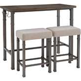 Austin 3 Piece Pub Dining Set in Wood, Pewter Metal & Grey Fabric