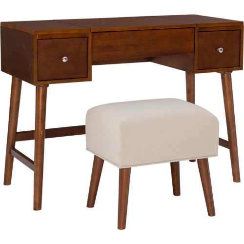 Viola Bedroom Vanity Set in Walnut Finish Wood & Neutral Fabric