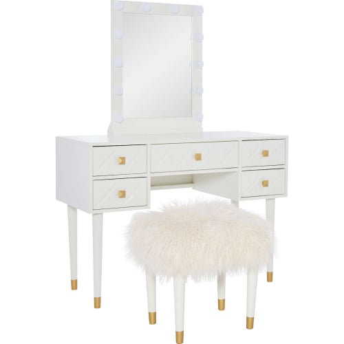 Geo Lighted Bedroom Vanity & Stool Set in White Wood & White Fabric