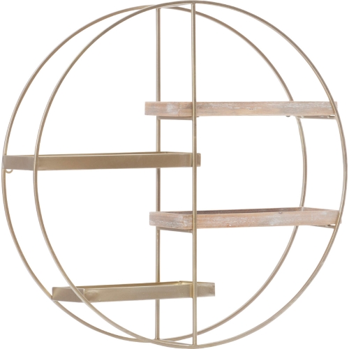 Lindell Round 4 Shelf Wall Storage Gold Metal & Grey Wash Wood