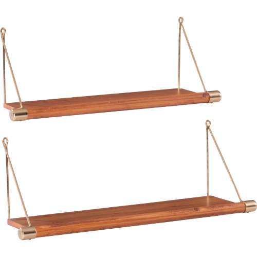 Askins Wall Shelf in Brown Wood & Gold Metal (Set of 2)