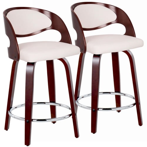 Pino 24" Swivel Counter Stool in Cherry Wood & White Leatherette w/ Chrome Footrest (Set of 2)