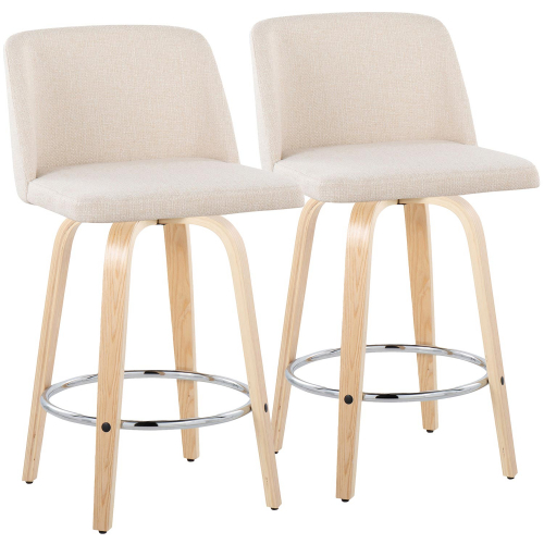 Toriano 26" Swivel Counter Stool in Natural Wood & Cream Noise Fabric w/ Chrome Footrest (Set of 2)