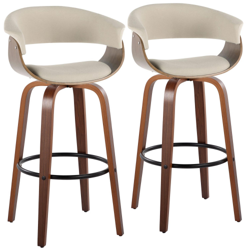 Vintage Mod 30" Swivel Bar Stool in Walnut Wood & Cream Fabric w/ Black Footrest (Set of 2)