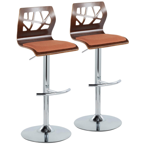 Folia Adjustable Swivel Bar Stool in Chrome, Walnut Wood & Orange Fabric (Set of 2)