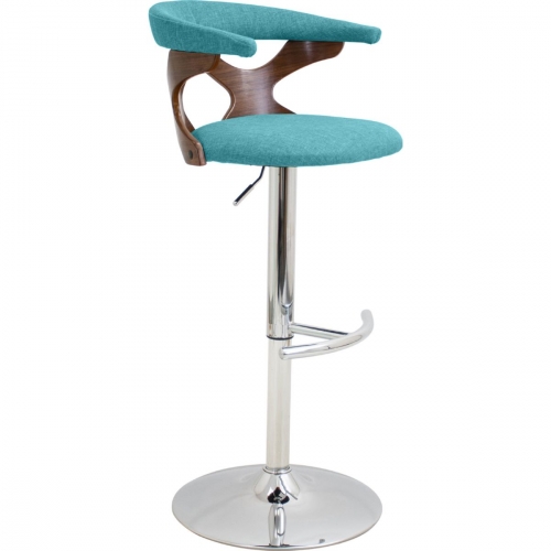 Gardenia Adjustable Bar Stool in Teal Fabric & Walnut Cut Out Back