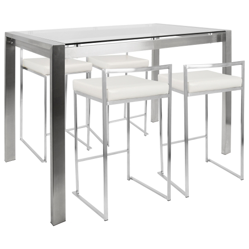 Fuji 5 Piece Counter Height Dining Set in White Leatherette & Stainless Steel