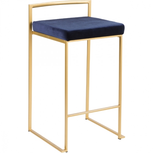 Fuji Stackable 27" Counter Stool in Blue Velvet & Gold Metal (Set of 2)