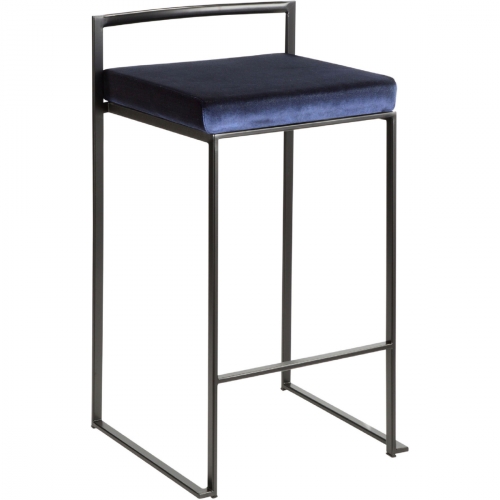 Fuji Stackable 27" Counter Stool in Blue Velvet & Black Metal (Set of 2)