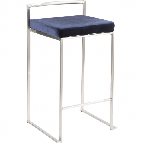 Fuji Stackable 27" Counter Stool in Blue Velvet & Stainless Steel (Set of 2)