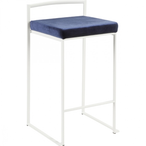 Fuji Stackable 27" Counter Stool in Blue Velvet & White Metal (Set of 2)